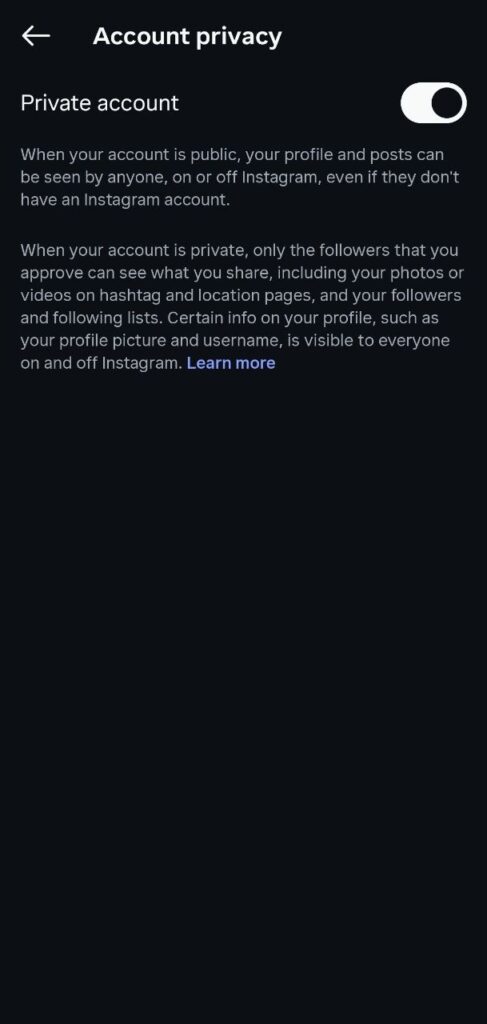 private account button in Instagram settings