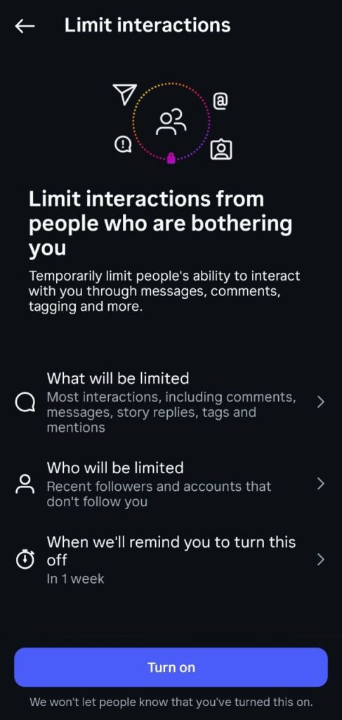 Limit Interactions section on Instagram