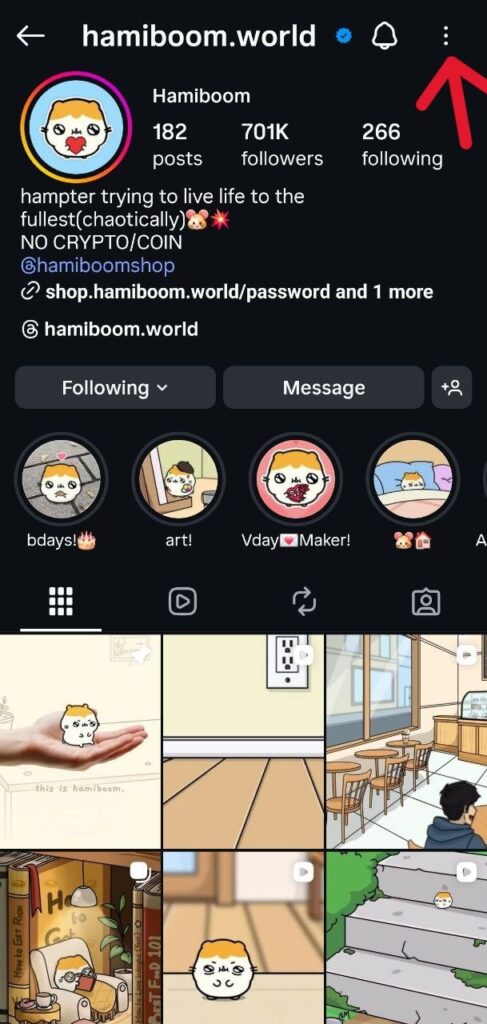 three dots in the top right corner of Instagram profiles