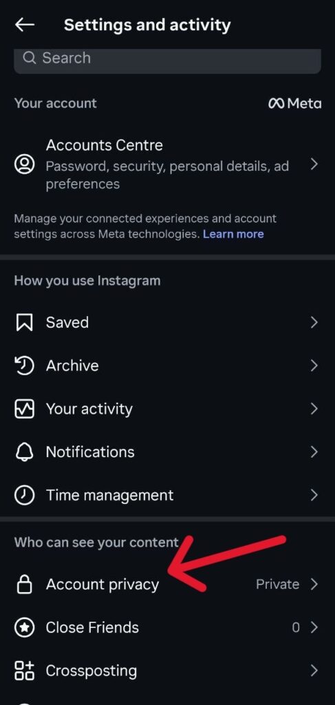 account privacy button in Instagram setings