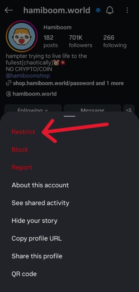restrict button on Instagram