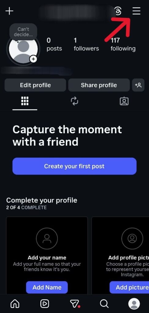 the menu button on Instagram