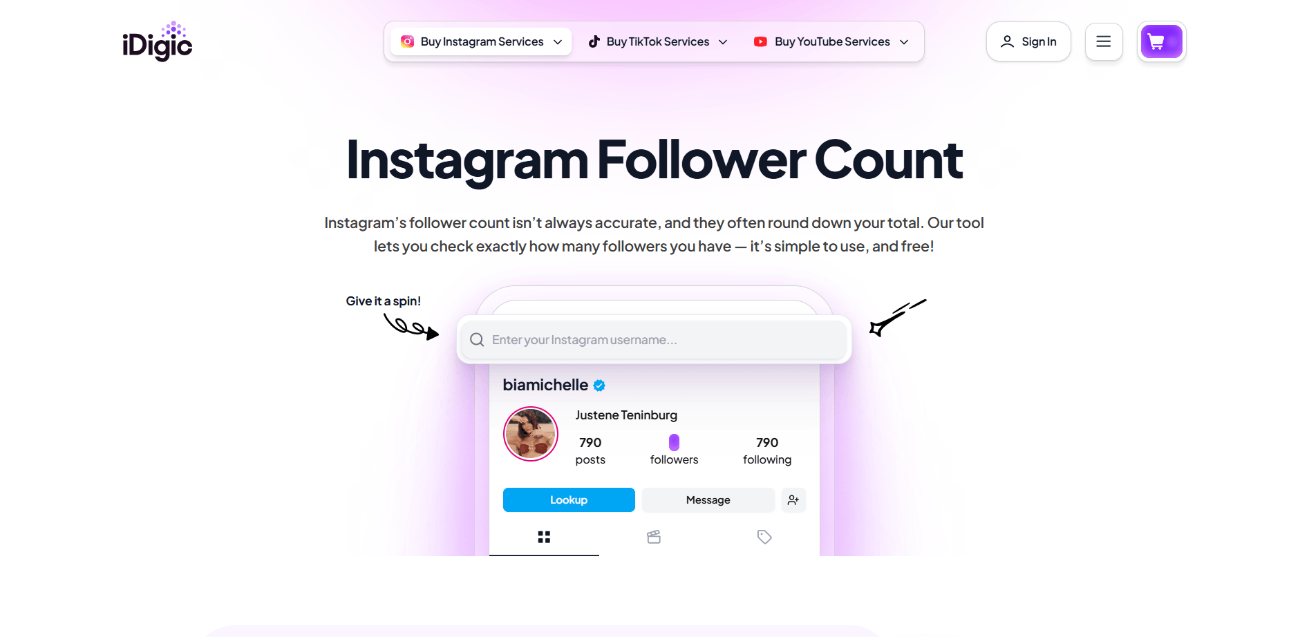 Idigic home page offering a free Instagram followers trial