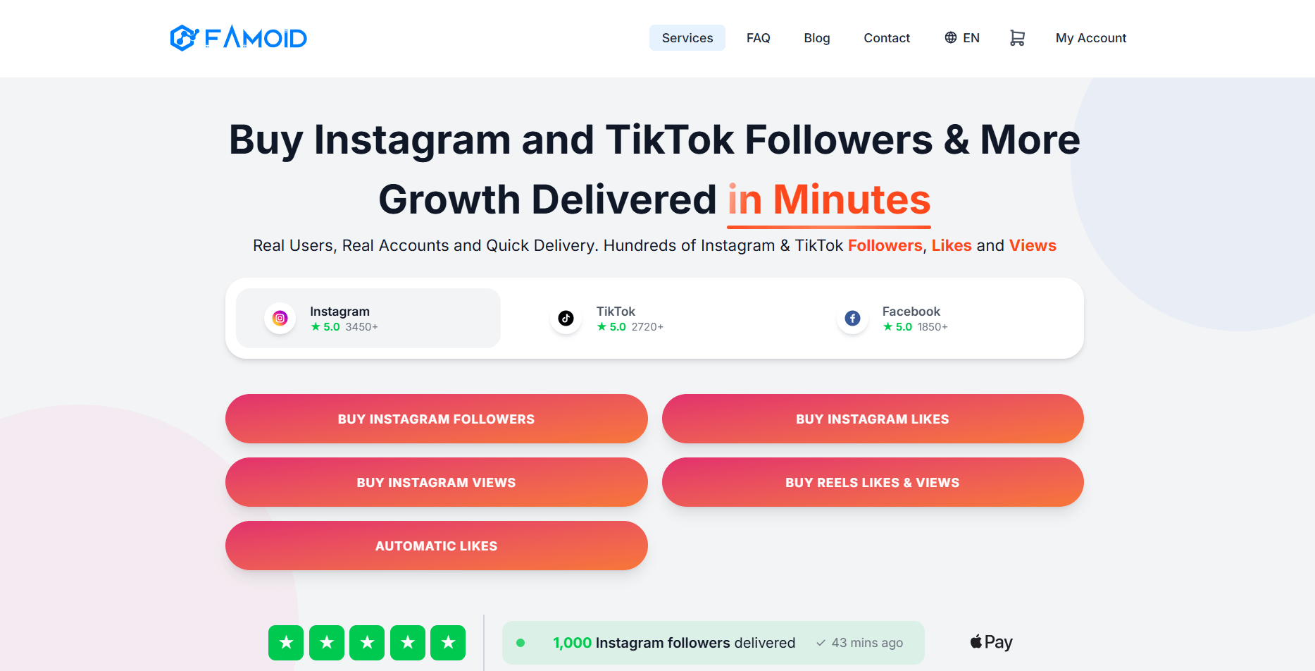Famoid home page offering a free Instagram followers trial