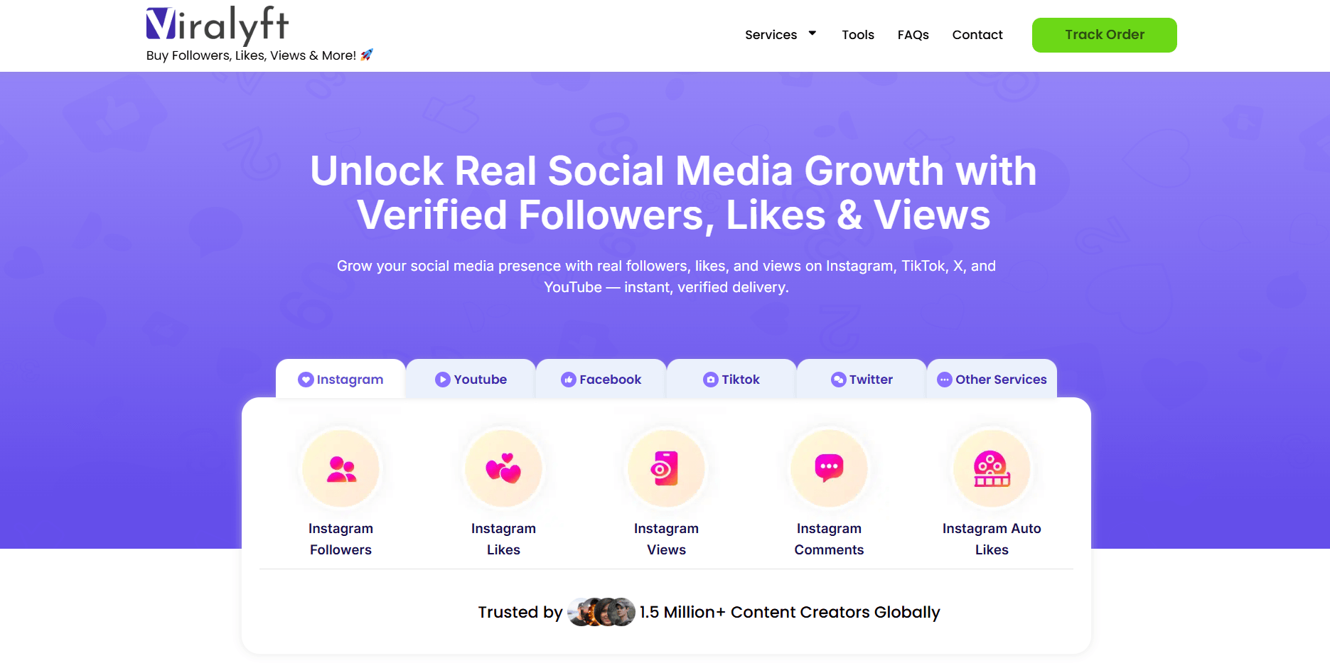 Viralyft home page offering 50 free Instagram followers