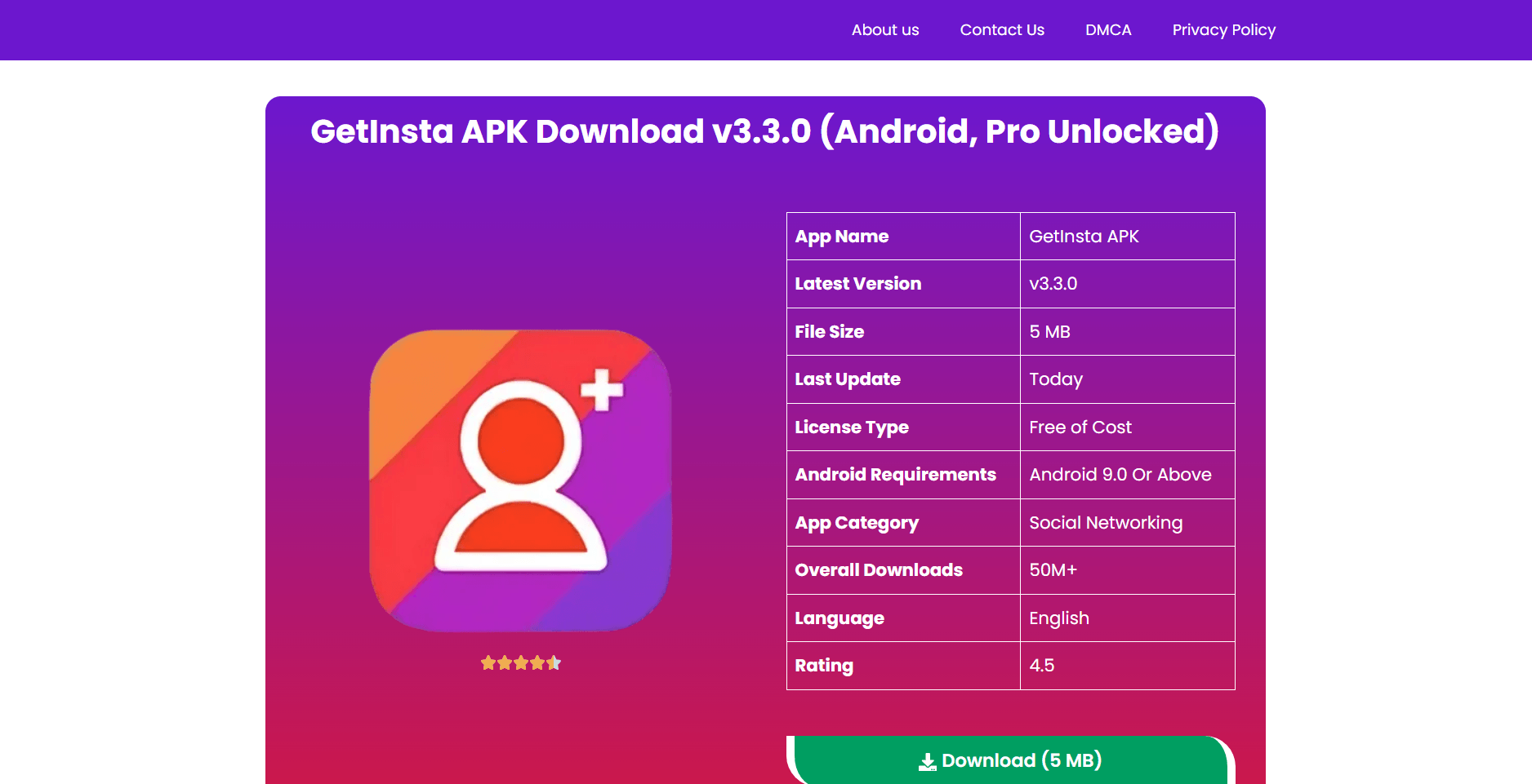 GetInsta app home page offering free Instagram followers via coins