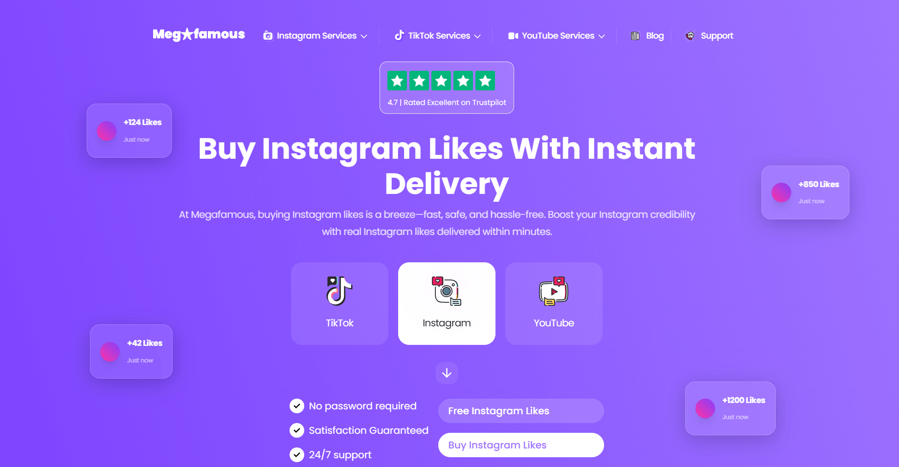 MegaFamous home page offering a free Instagram followers trial