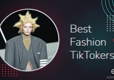 Feature image for 'Best Fashion TikTokers' with a runway model in an oversized gray coat and dramatic teased blond hair.