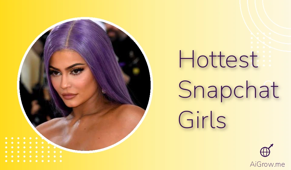 Feature image for 'Hottest Snapchat Girls' with Kylie Jenner in dramatic makeup and long straight lavender-purple hair at a formal event