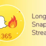 Feature image for 'Longest Snapchat Streak' with the Snapchat ghost, a flame icon and the number 365 on a bright yellow background.