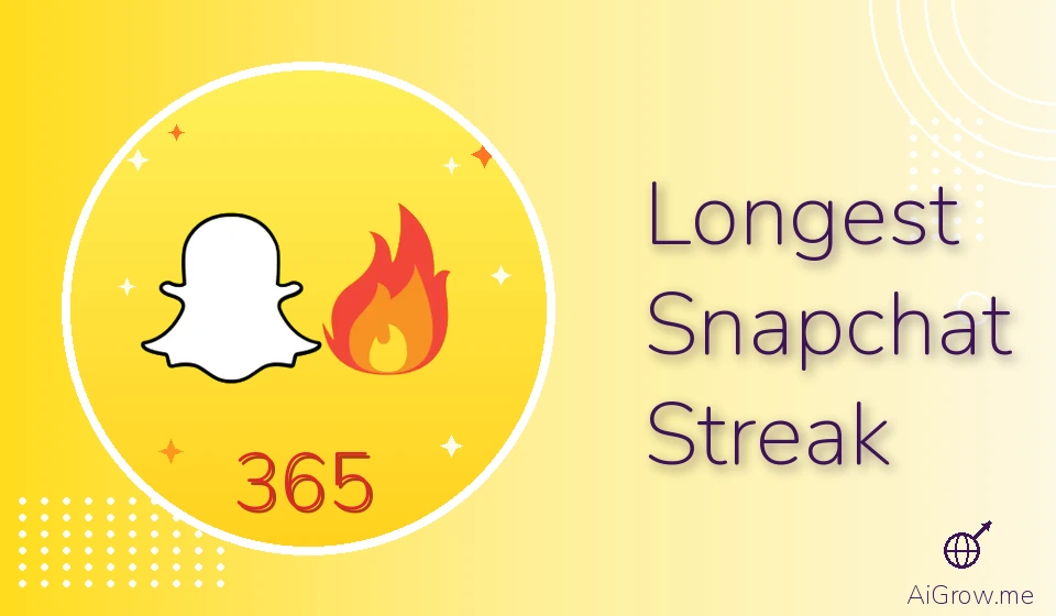Feature image for 'Longest Snapchat Streak' with the Snapchat ghost, a flame icon and the number 365 on a bright yellow background.