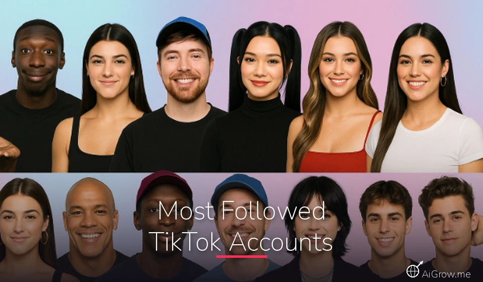 Feature image for 'Most Followed TikTok Accounts' with a collage of thirteen popular TikTok creators arranged in two rows
