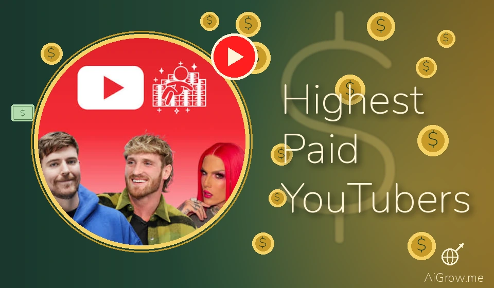 Feature image for 'Highest Paid YouTubers' with MrBeast, Logan Paul and Jeffree Star framed by a YouTube play badge amid scattered gold coins and dollar bills.