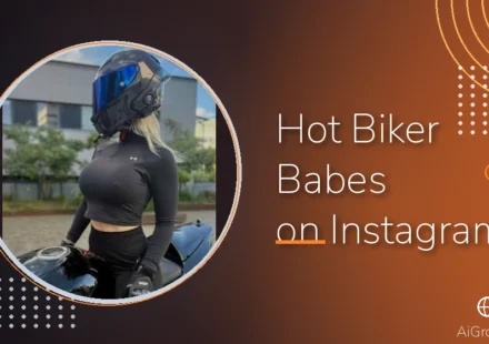 Feature image for 'Hot Biker Babes on Instagram' with a woman in a black moto helmet and long-sleeved top posing on a motorcycle.