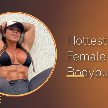 Feature image for 'Hottest Female Bodybuilders on Instagram' with a muscular woman in a black bikini top and hat showing off her sculpted abs.