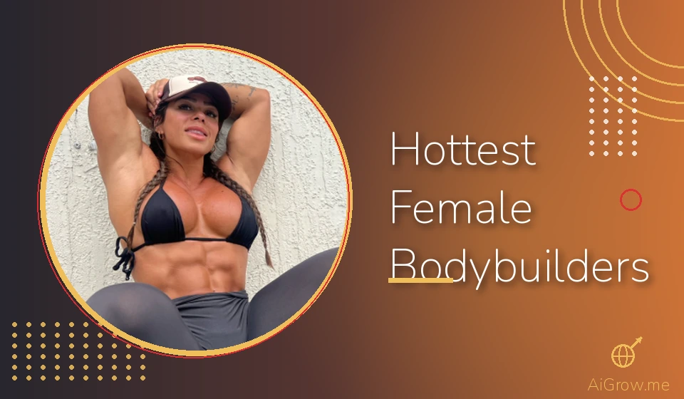 Feature image for 'Hottest Female Bodybuilders on Instagram' with a muscular woman in a black bikini top and hat showing off her sculpted abs.