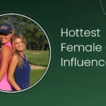 Two female golf influencers posing back to back on a golf course, one in a pink dress and SMILE cap, the other in a navy dress