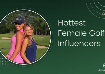 Two female golf influencers posing back to back on a golf course, one in a pink dress and SMILE cap, the other in a navy dress