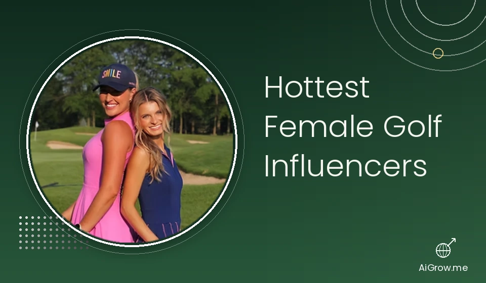 Two female golf influencers posing back to back on a golf course, one in a pink dress and SMILE cap, the other in a navy dress