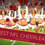 Feature image for 'Hottest NFL Cheerleaders on Instagram' with the Arizona Cardinals cheerleading squad performing in white-and-red uniforms with red pom-poms on the field.