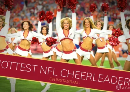 Feature image for 'Hottest NFL Cheerleaders on Instagram' with the Arizona Cardinals cheerleading squad performing in white-and-red uniforms with red pom-poms on the field.