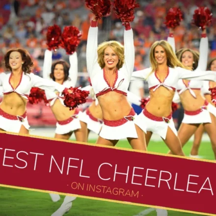 Feature image for 'Hottest NFL Cheerleaders on Instagram' with the Arizona Cardinals cheerleading squad performing in white-and-red uniforms with red pom-poms on the field.