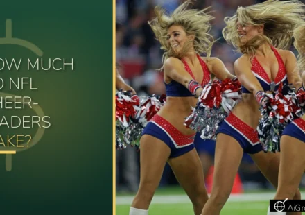 ow much do NFL cheerleaders make — Patriots cheer squad mid-routine with pom-poms, beside a money-green panel with a large dollar sign.