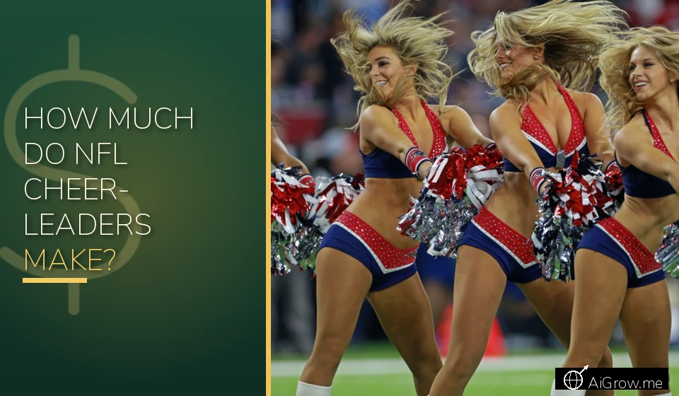 ow much do NFL cheerleaders make — Patriots cheer squad mid-routine with pom-poms, beside a money-green panel with a large dollar sign.