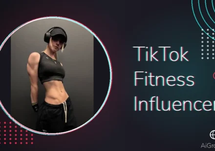 Feature image for 'TikTok Fitness Influencers' with a muscular woman in a black crop top, cap and headphones showing off a defined midsection.
