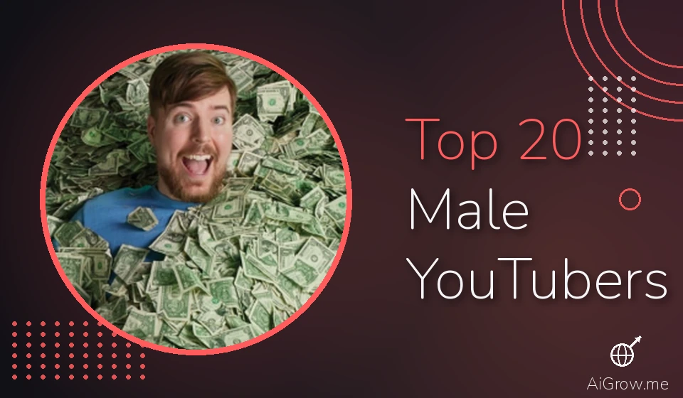 Feature image for 'Top 20 Male YouTubers' with MrBeast lying in a pile of dollar bills.