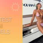 Feature image for "Hottest Bikini Models on Instagram" with a blonde woman in a pink patterned bikini leaning back on a yacht deck.