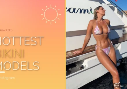 Feature image for "Hottest Bikini Models on Instagram" with a blonde woman in a pink patterned bikini leaning back on a yacht deck.