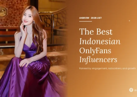 Best Indonesian OnlyFans influencers, model in purple gown on warm amber gradient background