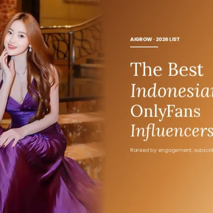 Best Indonesian OnlyFans influencers, model in purple gown on warm amber gradient background