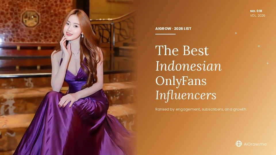 Best Indonesian OnlyFans influencers, model in purple gown on warm amber gradient background