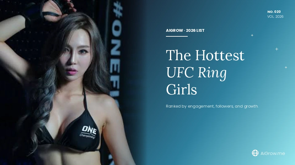 Hottest UFC Ring Girls, model in black bikini top inside MMA cage on gunmetal cyan gradient background