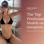Top Penthouse Models on Instagram, blonde model in black bikini on dusty terracotta sunset gradient background