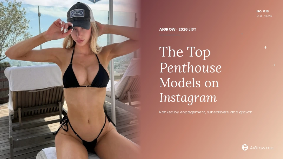 Top Penthouse Models on Instagram, blonde model in black bikini on dusty terracotta sunset gradient background