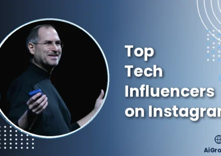 Feature image for “Top Tech Influencers on Instagram” with Steve Jobs on stage during an Apple keynote in his signature black turtleneck.