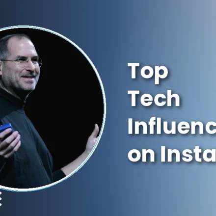 Feature image for “Top Tech Influencers on Instagram” with Steve Jobs on stage during an Apple keynote in his signature black turtleneck.