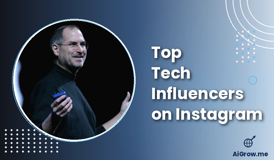 Feature image for “Top Tech Influencers on Instagram” with Steve Jobs on stage during an Apple keynote in his signature black turtleneck.